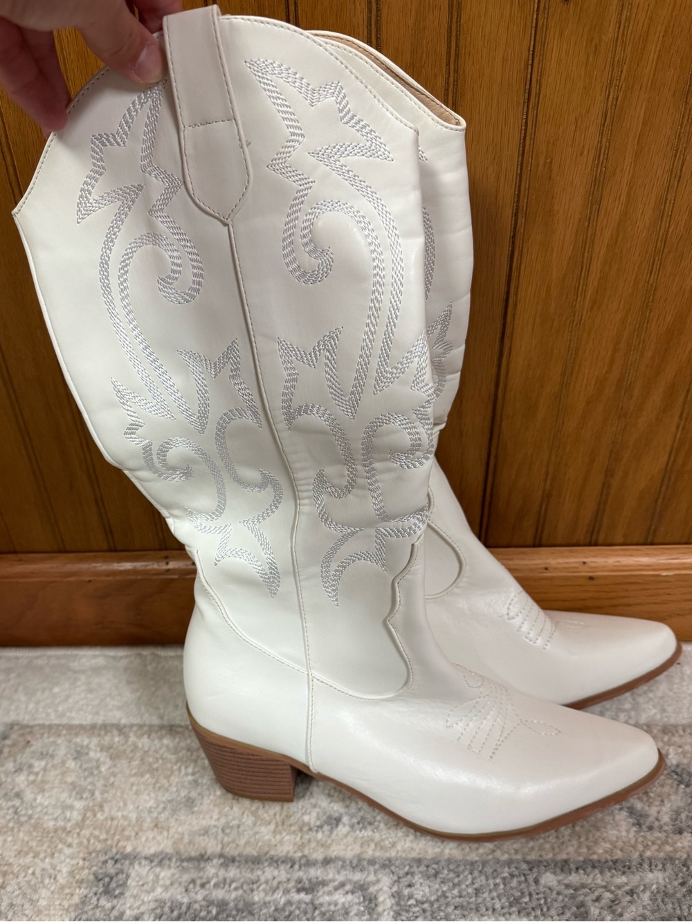SHEIN White Embroidered Western Mid-Calf Heeled Boots